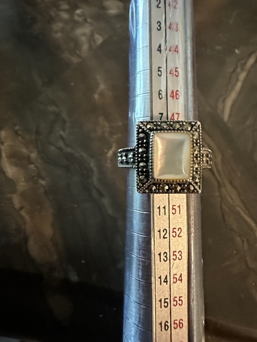 Vintage Sterling Silver Marcasite Square Moonstone Ring - White Sz 5